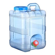 a large plastic water container with a blue lid and handle on the side, attached to a white background