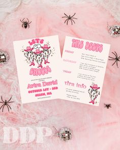 two pink and white birthday cards with spider decorations