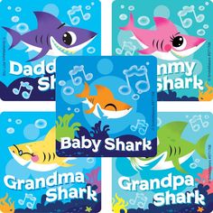 four baby shark stickers with the words, baby shark and grandma shark on them