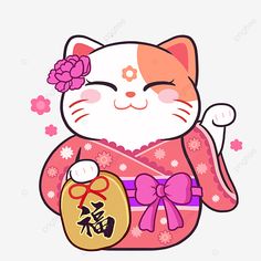 a cartoon cat wearing a kimono and holding a bag with flowers on it, person, animal, character png and psd