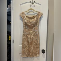 Jovani Gold Embellished Off The Shoulder Mini Dress. Size 2. Only Worn Once Glamorous Sequined Mother Of The Bride Dresses, Glamorous Sequined Dresses For Mother Of The Bride, Mother Of The Bride Festive Sequin Dress, Holiday Sequined Dress For Mother Of The Bride, Festive Sequined Dress For Mother Of The Bride, Gold Fitted Dress For Mother Of The Bride, Jovani Dresses, Size 2, Off The Shoulder