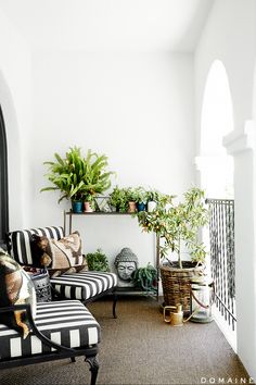 a black and white striped couch sitting on top of a floor next to a window