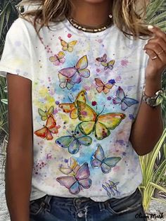 Olivia Mark - Graphic Print T-shirt, Casual Crew Neck Short Sleeve Summer T-shirt, Women's Clothing Multicolor Crew Neck Top With Butterfly Print, White Butterfly Print Summer Tops, White Butterfly Print Tops For Summer, White Butterfly Print Top For Summer, Multicolor Crew Neck T-shirt For Spring, Multicolor Butterfly Print Tops For Summer, Multicolor Butterfly Print Top For Summer, Multicolor Short Sleeve T-shirt For Spring, Summer Multicolor Crew Neck T-shirt