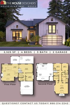 two story house plan with 3 bedroom and 2 bathrooms in the front, an open floor plan