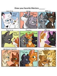 an image of cats with different expressions in each one's face and the words draw your favorite warriors