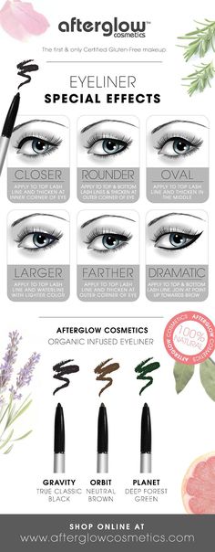 Liquid eyeliner tips and tricks. I like the 'Oval' and 'Dramatic' eyeliner techniques the best! Gluten Free Makeup, Natural Eyeliner, Drag Make-up, Simple Eyeliner, Eyeliner Styles, Eye Liner Tricks