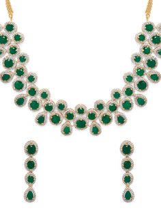 This jewellery set consists of a necklace and a pair of earringsGold-toned and green gold-plated necklace, has emerald stone and white crystal stone detail, secured with a hook closureA pair of matching drop earrings, secured with a post-and-back closure. Size & Fit Size :Necklace length: 11.2 cmEarrings length: 4.6 cm Material & Care BrassWipe with a clean dry cloth Dispatch within 7 days Green Diamond Necklace, Cz Jewelry, Stone Studs, Green Diamond, Jewellery Set, Emerald Stone, White Crystal, Crystal Stone, Gold Plated Necklace