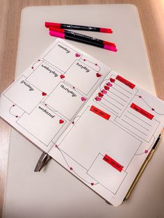 Bullet journal with heart-themed weekly journal for February Valentine’s theme. Bujo Calendar Weekly, Boxes Drawing, Bujo February, Valentine Journal, Journal February, Journal 2025, February Hearts