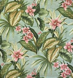 a green and pink flowered wallpaper with large leaves on the bottom half of it