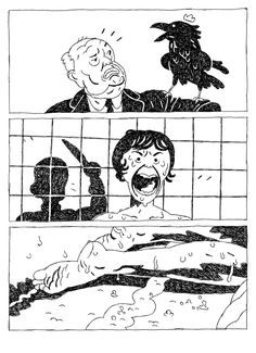 a comic strip with an image of a man in the bathtub and a crow sitting on