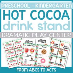 the hot cocoa drink stand is shown in three different colors and font, along with two pictures