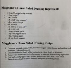 a menu listing the ingredients for margarita's house salad dressing recipe, with instructions