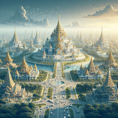 an artist's rendering of a city with many spires and roads in the middle