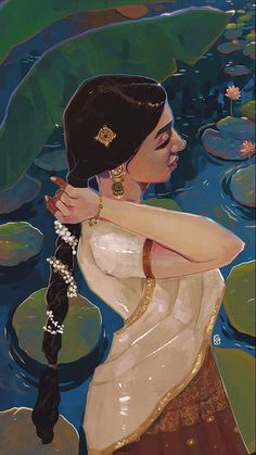 a painting of a woman standing in the water with her arm around her neck and wearing a white sari