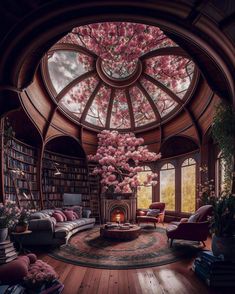 a living room filled with lots of furniture and a large window covered in pink flowers