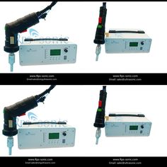 four different views of an electronic device with wires attached to the top and bottom of it