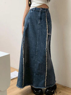 Vintage Raw Edge Splice Slit A Line Maxi Skirt - AnotherChill Retro Summer Outfits, A Line Maxi Skirt, Preppy Fabric, Maxi Skirt Blue, Y2k Summer Outfits, Trendy Fits, 2000s Outfits, Baby Tees Y2k