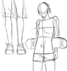 a drawing of a person holding a skateboard next to another person's legs