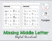 the missing middle letter worksheet is shown in green and white, with an image of