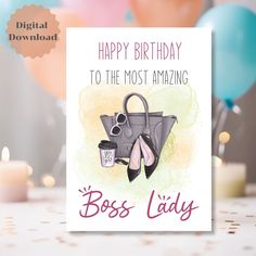 a happy birthday card for boss lady with heels and purse on it, surrounded by balloons