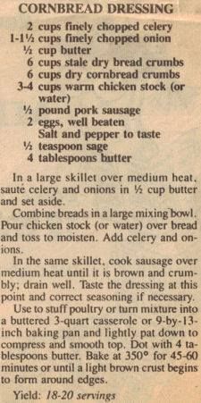 an old recipe for cornbread dressing with instructions on how to make it in the microwave