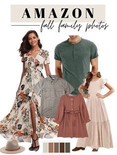 a man and woman in dresses with the words amazon fall family photos on top of them