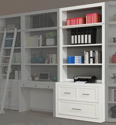 a white bookcase with several books on it and a ladder leaning against the wall