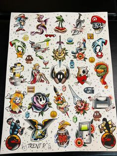 a sheet of paper with lots of different tattoos on it