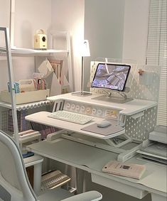 a white desk with a computer on top of it