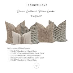 four pillows with different patterns on them and the text backer home, orange linen pillow covers elegance