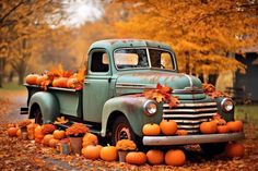 an old truck with pumpkins in the bed and leaves on the ground next to it