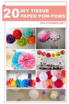 some paper pom poms are hanging from the ceiling and in front of other decorations