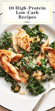 a white plate topped with chicken and greens