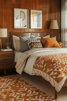 a bedroom with wood paneled walls and an orange patterned bed spread on top of the bed