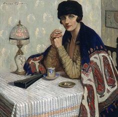 a painting of a woman sitting at a table with a cup and saucer in front of her