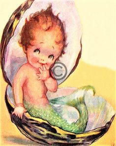 there is a drawing of a baby in a bowl with a mermaid tail on it