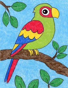 a drawing of a parrot sitting on a tree branch with green leaves and blue sky in the background