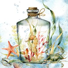 a bottle with seaweed and starfish in it sitting on top of the ocean floor