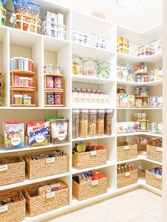 a pantry filled with lots of different types of food and containers on the shelves next to each other