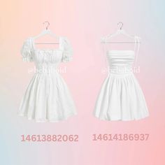 two white dresses are shown on a pink and blue background with the same price tag