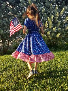 Playful Cotton Twirl Dress With Ruffle Hem, Casual Blue Dress For 4th Of July, Blue Patriotic Cotton Dress, Blue Cotton Patriotic Dress, Patriotic Blue Cotton Dress, Playful Cotton Dress For Picnic, Red Gathered Skirt Dress For Summer, Red Patriotic Dress For 4th Of July, Blue Patriotic Spring Dress