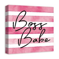 a pink and white striped poster with the words boss bake in black ink on it