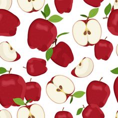 an apple pattern is shown in red and white with green leaves on the top half