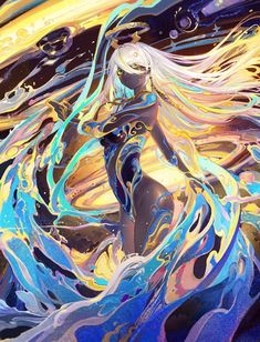 an abstract painting of a woman with flowing hair and blue, yellow and pink colors