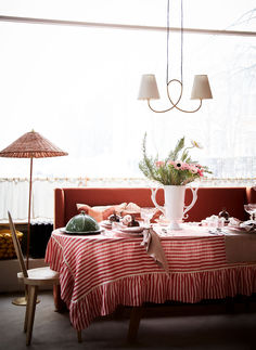 the table is set for two people with plates and cups on it