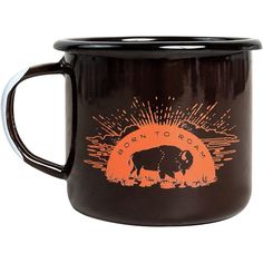 an orange and black coffee mug with a buffalo on it