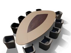 an oval table surrounded by black chairs on a white background with shadows from the floor