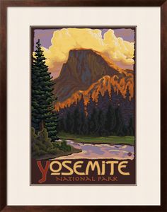 yosemite national park poster with trees and mountains in the background, framed print