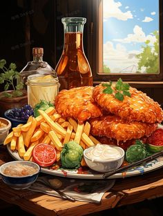 a painting of food on a plate with sauces and condiments next to it