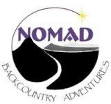 nomad logo with the words backcountry adventures in purple and black letters